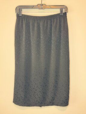 Vintage 90s Crinkle Midi Skirt Womens L Black Floral Broomstick Elastic Waist